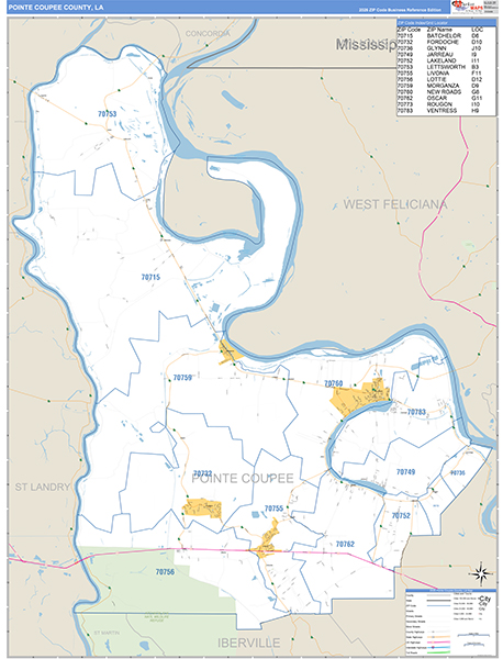 Pointe Coupee Parish (County), LA Wall Map Basic Style